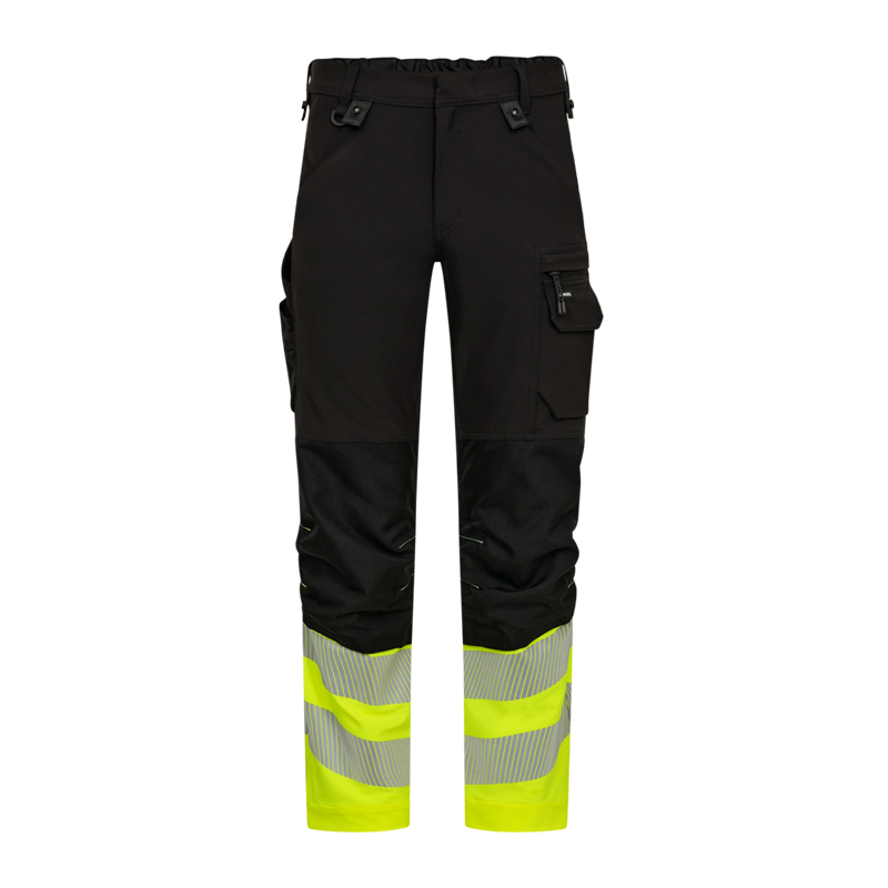 Frontansicht der ENGEL Safety Stretch Warnschutz Hose Klasse 1 | 2346-124 in Schwarz mit fluoreszierend gelben Beinabschlüssen und Reflexstreifen