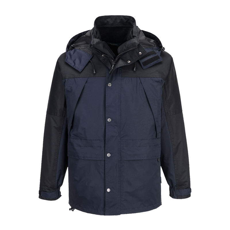 PortWest wetterfeste Outdoor- und Arbeitsjacke in Dunkelblau und Schwarz mit Kapuze, hohem Kragen und Frontverschluss