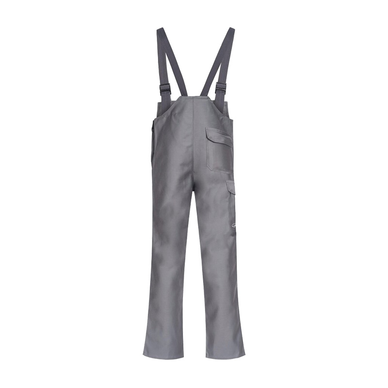 Graue HB Secan Securo 420 Schweißer-Latzhose Klasse 2 von HB Protective Wear mit verstellbaren Trägern und Taschen, geeignet für Schweißarbeiten mit Schutz vor flüssigen Eisenspritzern
