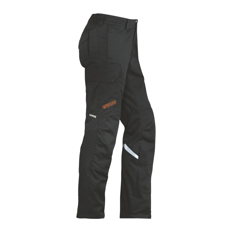 Schwarze Uvex suXXeed Arc MultiNorm Hose 4 kA + 7 kA | APC2 mit seitlichen Taschen und reflektierendem Detail am Bein