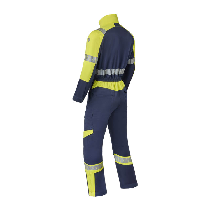 Rückansicht eines HaVeP Warnschutz-Overalls in Marineblau und Gelb mit umlaufenden Reflexstreifen an Armen, Taille und Beinen
