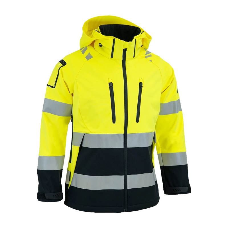 Dimex 6214Y Damen Warnschutz SoftShell Jacke Klasse 2, gelb-schwarze, wind- und wasserdichte Softshelljacke mit Kapuze und Reflexstreifen