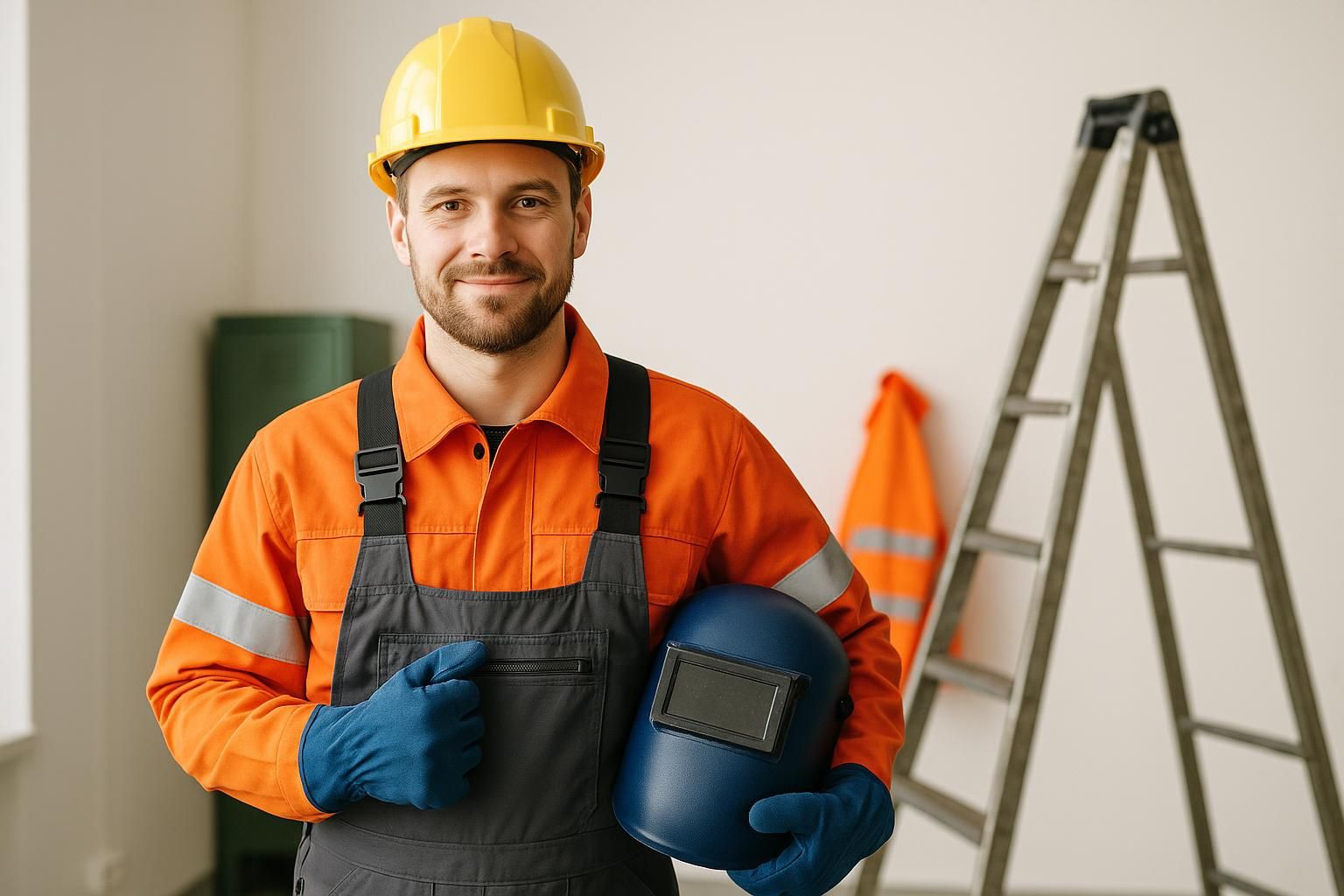 Mann in orangefarbener Arbeitskleidung mit gelbem Schutzhelm, Handschuhen und Schweißmaske als Arbeitsschutz-Ausrüstung