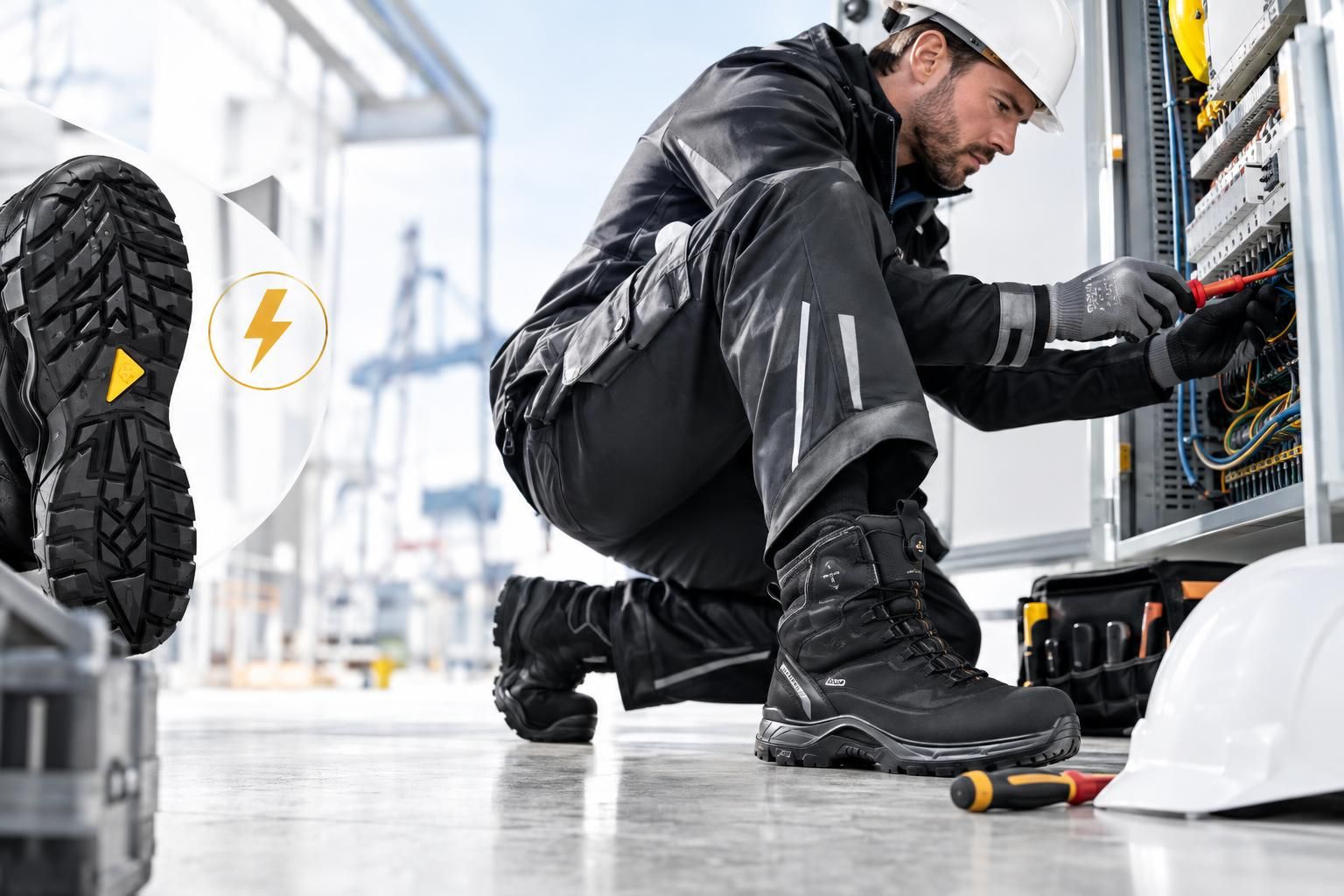 Elektriker kniet vor einem Schaltschrank und trägt schwarze Sicherheitsschuhe mit profilierter, rutschfester Sohle und ESD-Schutz für den professionellen Arbeitseinsatz
