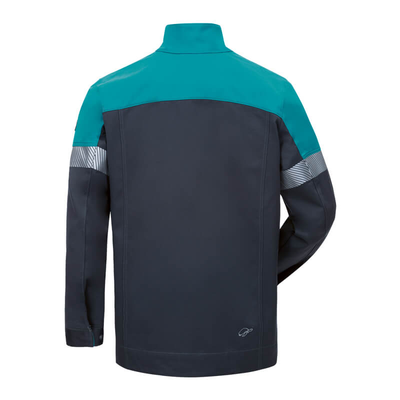 Rückansicht der HB HeavyMetal Pro 340 Gießerei Jacke D2 + E2 von HB Protective Wear in Dunkelgrau mit türkisfarbenem Schulterbereich