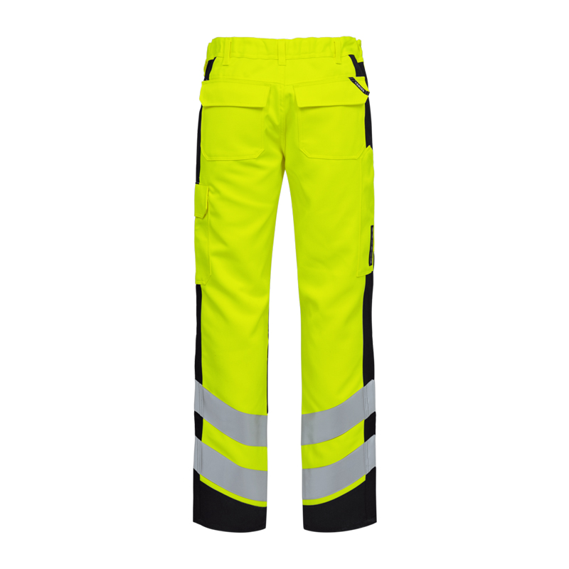 Rückansicht einer Engel Warnschutzhose in Neon-Gelb mit schwarzen Kontrasteinsätzen, Taschen und breiten Reflexstreifen an den Beinen.