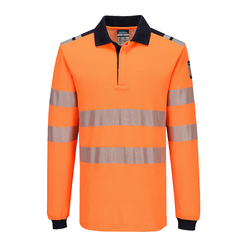 PortWest Warnschutz-Poloshirt Langarm in leuchtendem Orange mit Reflexstreifen, dunkelblauem Kragen und Bündchen