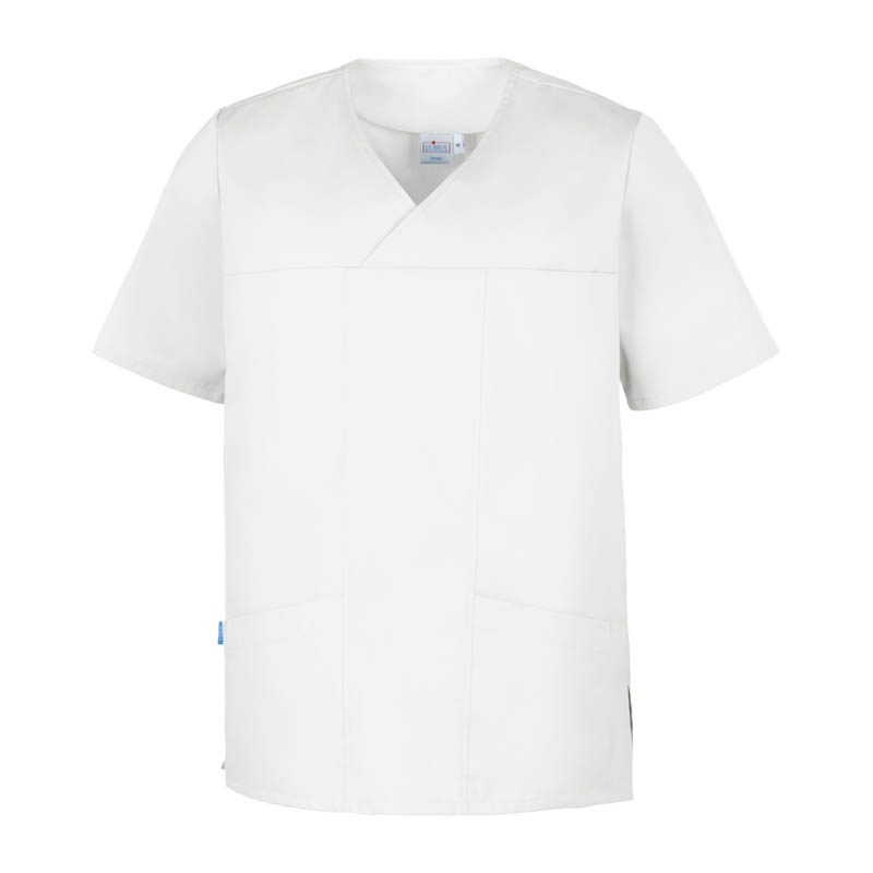 Leiber Damen Schlupfkasack in Weiß, kurze Ärmel, V-Ausschnitt, praktische Taschen, ideal für Pflege, Medizin und Praxis