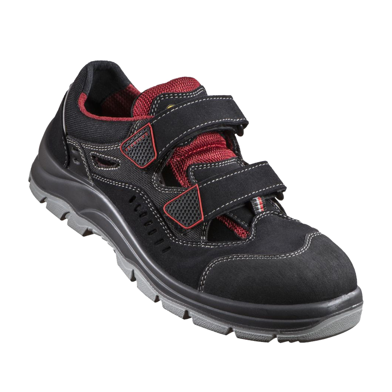 Stabilus Emil AIR ESD S1P Sicherheitssandale metallfrei, schwarze Arbeitssandale mit roten Details, Klettverschluss und robuster Sohle