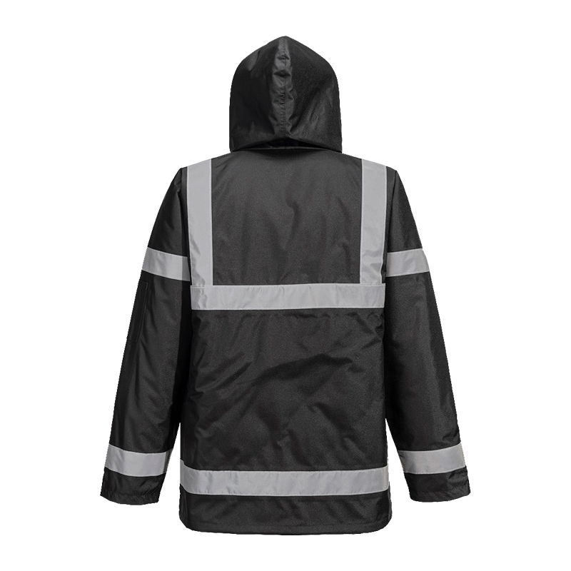 Rückansicht einer schwarzen PortWest Warnschutzjacke mit Kapuze und reflektierenden Streifen an Rücken und Ärmeln