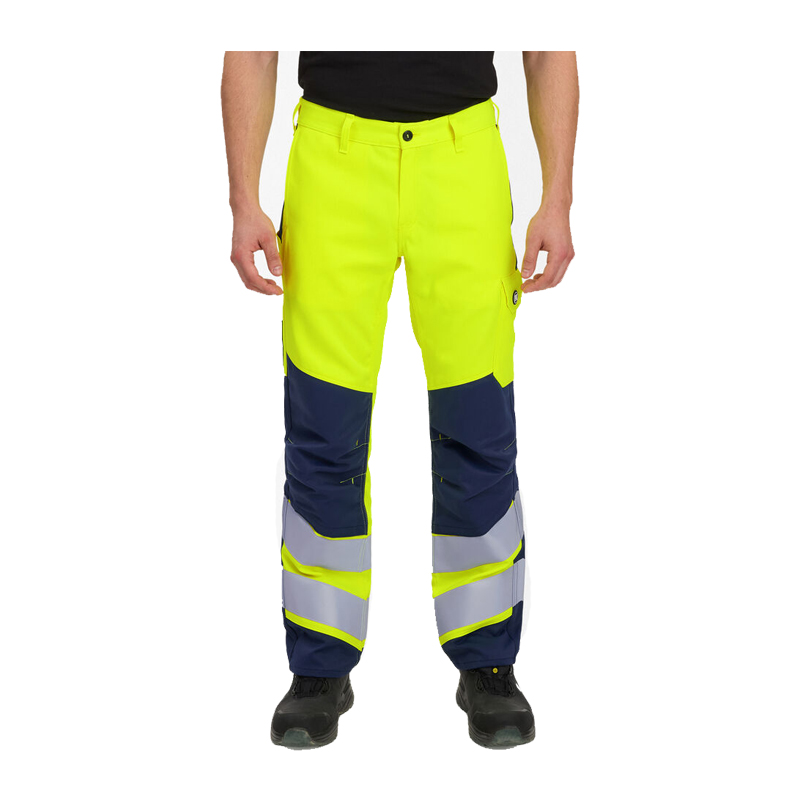 Frontansicht einer Engel Warnschutzhose in Neongelb und Marineblau mit Reflexstreifen an den Beinen und praktischen Taschen.