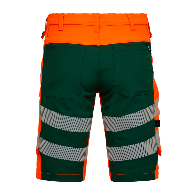Rückansicht der ENGEL Safety Stretch Warnschutz Sommer Shorts Klasse 1 6345-124 in Orange und Grün mit breiten Reflexstreifen
