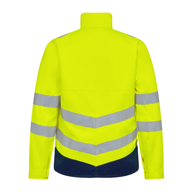 Rückansicht einer Engel Warnschutzjacke in Neon-Gelb mit silbernen Reflexstreifen und dunkelblauem Saum