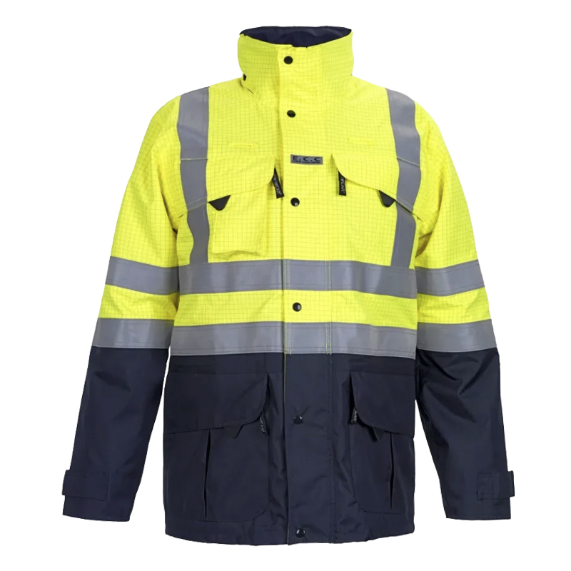 HydroWear Warnschutzjacke in Gelb und Marineblau mit Reflexstreifen, hoher Kragen und praktische Taschen