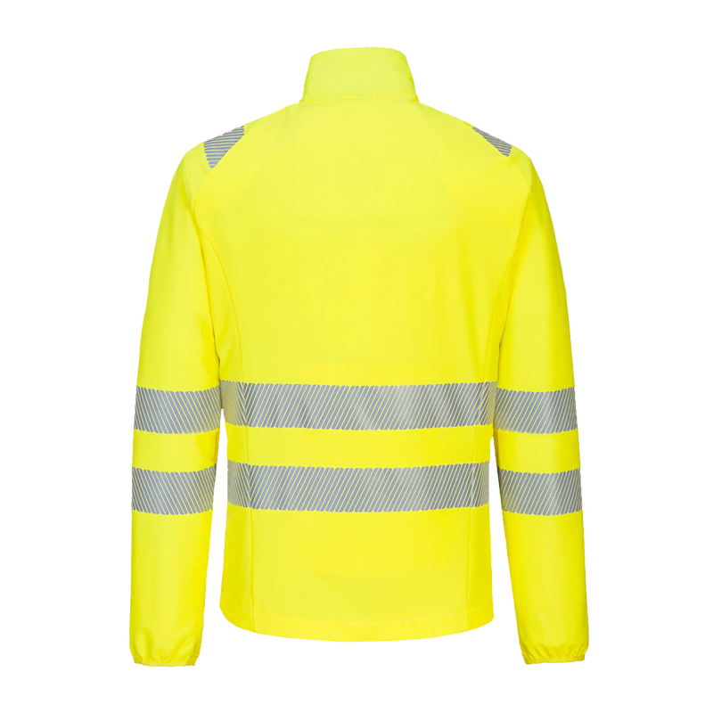 Rückansicht einer gelben PortWest Warnjacke mit umlaufenden Reflexstreifen an Körper und Ärmeln sowie reflektierenden Schulterdetails