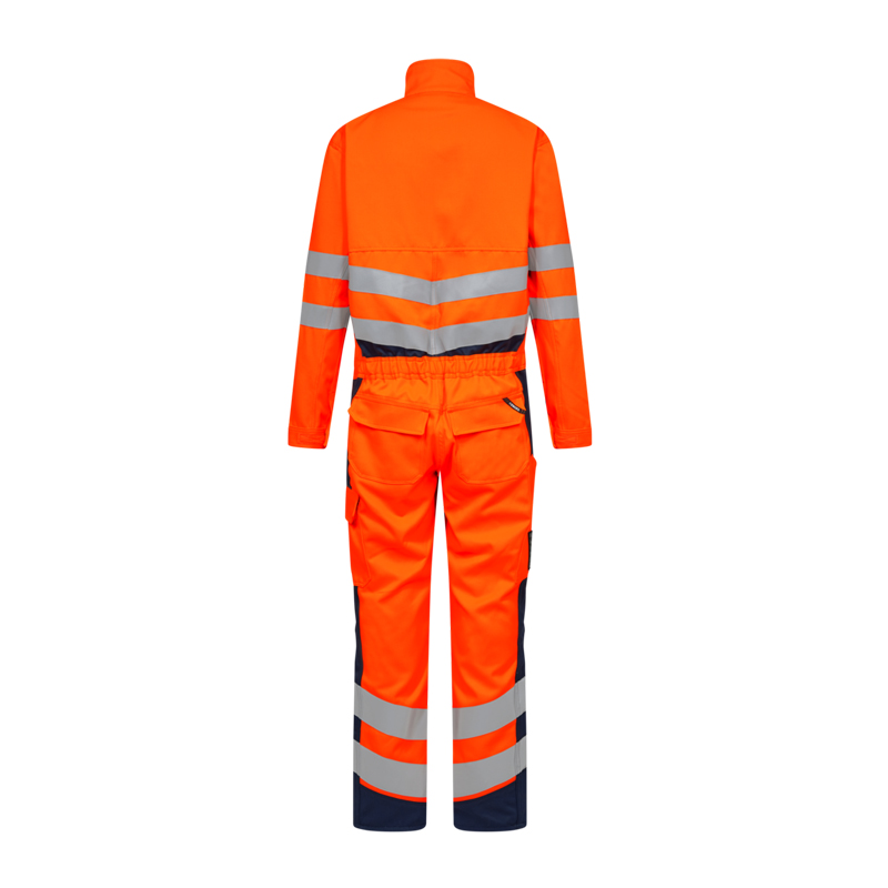 Rückansicht eines orangefarbenen Engel Warnschutz-Overalls mit silbernen Reflexstreifen an Armen, Oberkörper und Beinen