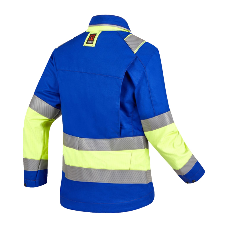 Rofa Warnschutz-Arbeitsjacke in Blau und Neongelb mit silbernen Reflexstreifen, Rückenansicht