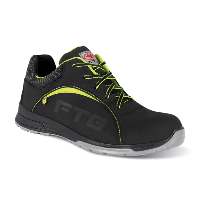 FTG Jump S3S ESD Sicherheitsschuh aus schwarzem Sicherheitsnubukleder, niedriger Arbeitsschuh der Sport Line mit grünen Schnürsenkeln und robuster Sohle