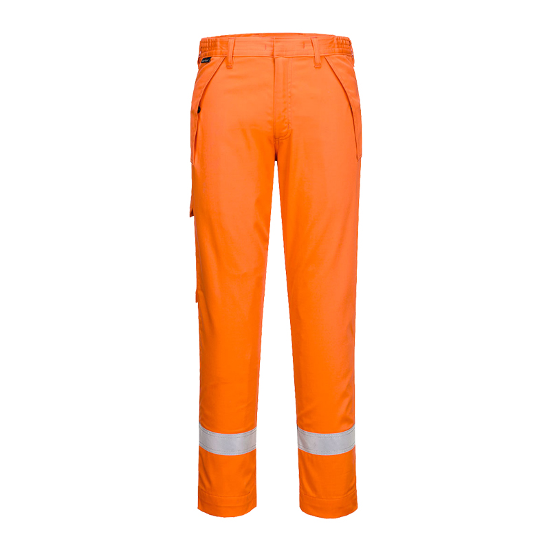 PortWest Warnschutzhose in leuchtendem Orange mit Reflexstreifen an den Beinen, robuste Arbeitshose in Vorderansicht
