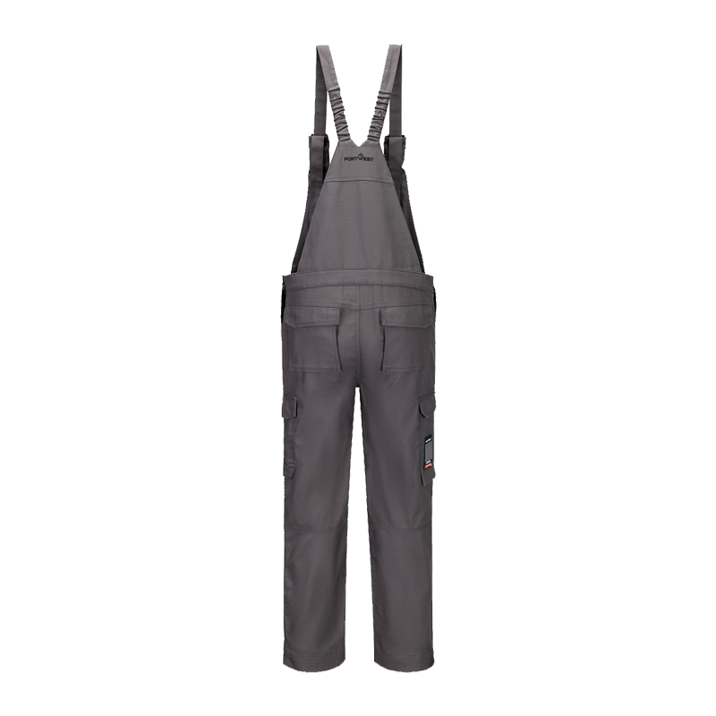 PortWest Arbeits-Latzhose in Grau mit verstellbaren Trägern, Brusttasche und seitlichen Cargotaschen, robuste Berufskleidung für Handwerk und Industrie