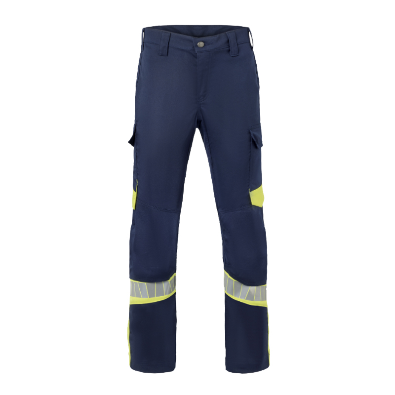 HaVeP Arbeitsbundhose in Dunkelblau mit gelben Kontrasteinsätzen und reflektierenden Streifen an den Beinen