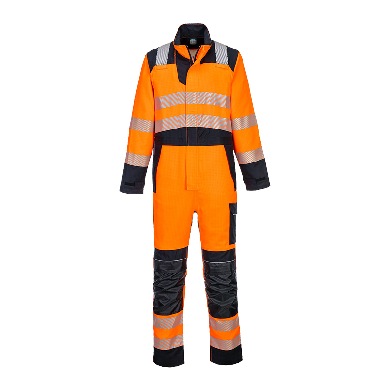 PortWest Warnschutz-Overall in Orange und Marineblau mit umlaufenden Reflexstreifen, langarmiger Arbeitsanzug für hohe Sichtbarkeit