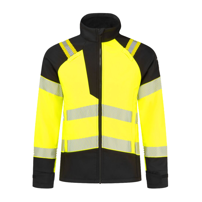 PortWest Warnschutzjacke in Gelb-Schwarz, vorne abgebildet, mit reflektierenden Streifen, hohem Kragen und Reißverschluss