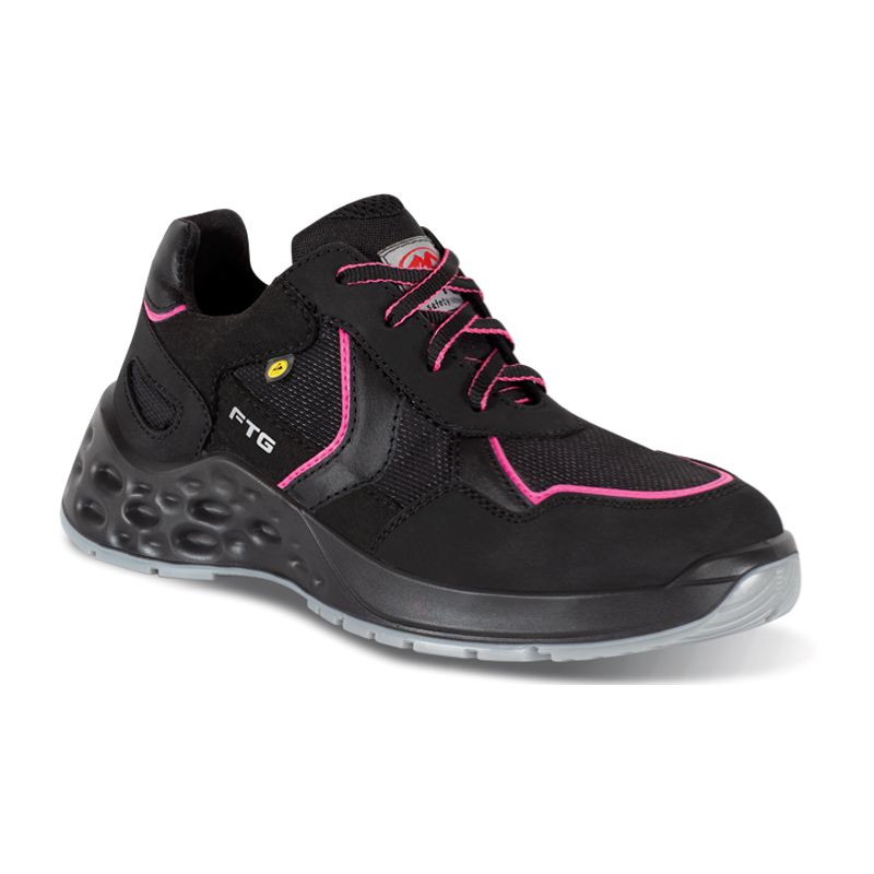 FTG Smart Damen S3S ESD Sicherheitsschuh aus schwarzer, wasserabweisender Mikrofaser mit pinken Details, leichter Damen-Arbeitshalbschuh der Dynamic Line