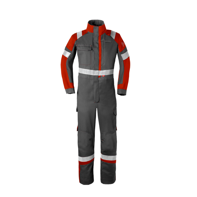 HaVeP 5Safety Image+ 20290 MultiNorm Overall APC1, grau-roter Schutzoverall mit langen Ärmeln, Stehkragen und Reflexstreifen vorne abgebildet