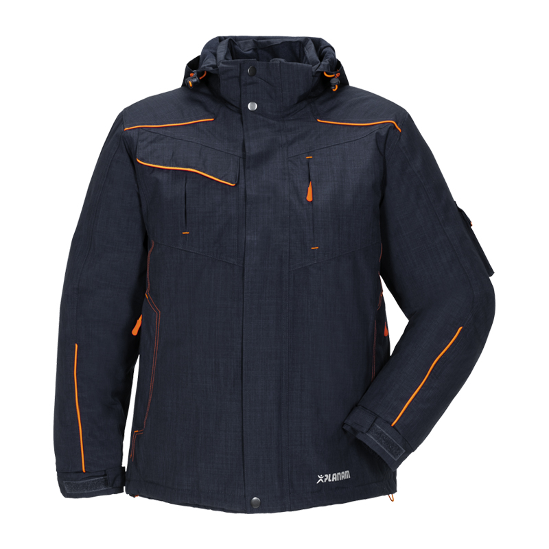 Planam Neon Jacke Wetterschutz mit Neon Applikationen, dunkelblaue Arbeitsjacke mit orangefarbenen Details und Kapuze