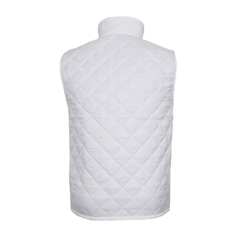 Rückansicht der weißen TEMPEX THERMO HYGIENE Weste von HB Protective Wear, gesteppte Thermoweste für kühle Arbeitsbereiche und Hygienebereiche