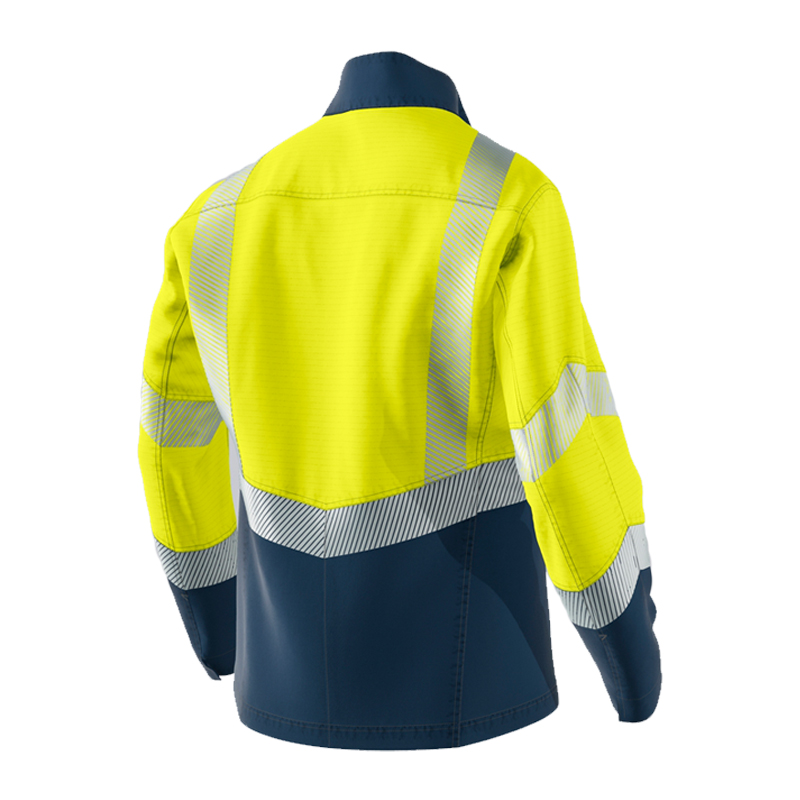 Rückansicht der BP Bierbaum Proenen BP 2238 Hi-Vis MultiNorm Jacke leicht 4 kA + 7 kA APC2 in Gelb/Marine mit Reflexstreifen