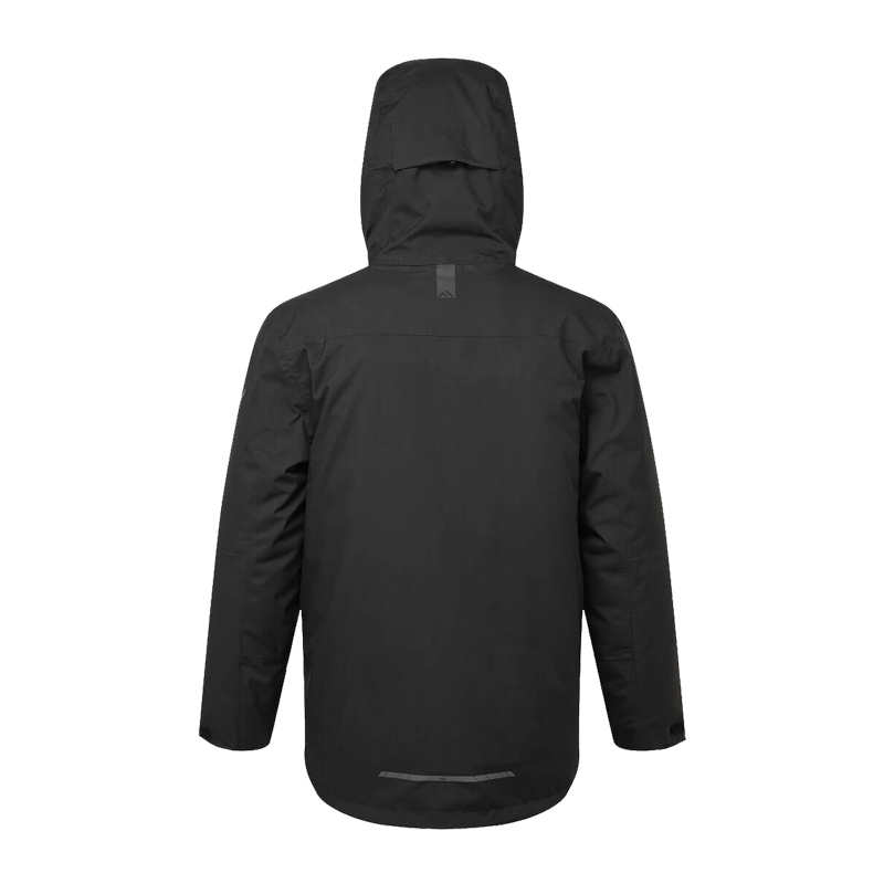Rückansicht einer schwarzen PortWest Jacke mit Kapuze, funktionale Outdoor- und Arbeitsjacke