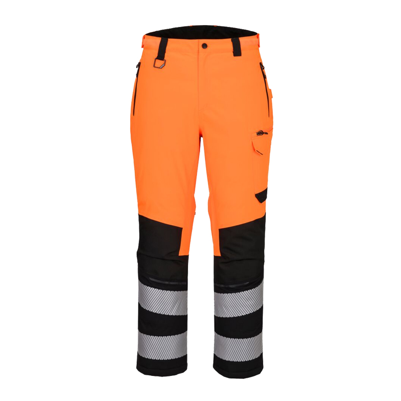 PortWest Warnschutzhose in Orange und Schwarz mit Knieverstärkung, Seitentaschen und breiten Reflexstreifen für hohe Sichtbarkeit bei der Arbeit