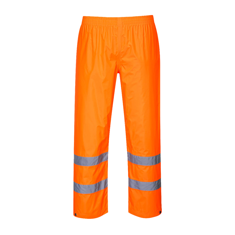 PortWest Warnschutzhose in leuchtendem Orange mit zwei silbernen Reflexstreifen an den Beinen
