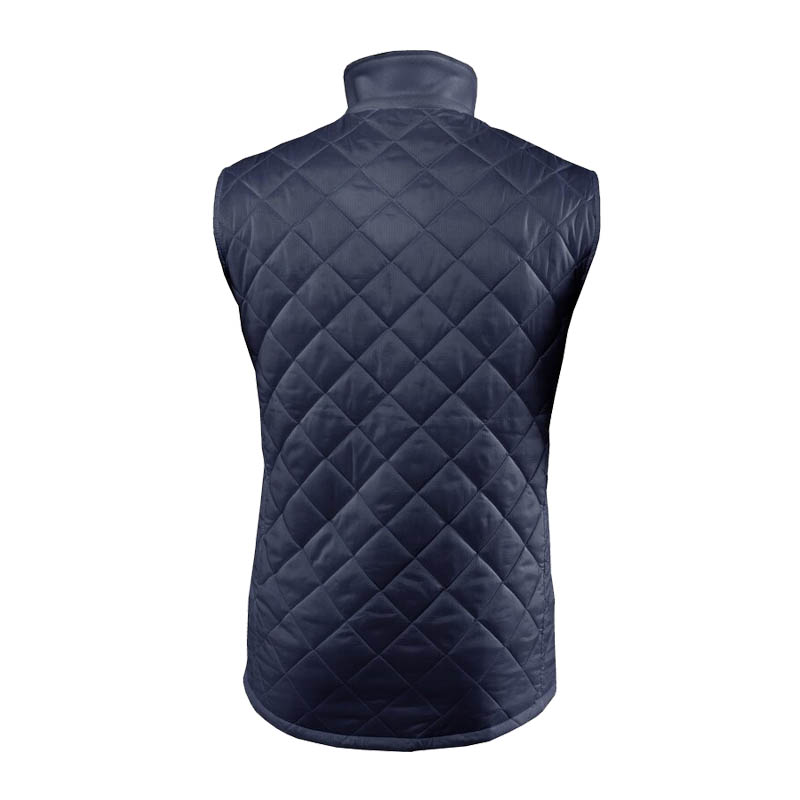 Rückansicht der TEMPEX THERMO ErgoPlus Weste von HB Protective Wear, dunkelblau gesteppt, wärmeisolierende Arbeitsweste mit hohem Fleece-Kragen und ergonomischer Passform für kühle Arbeitsbereiche
