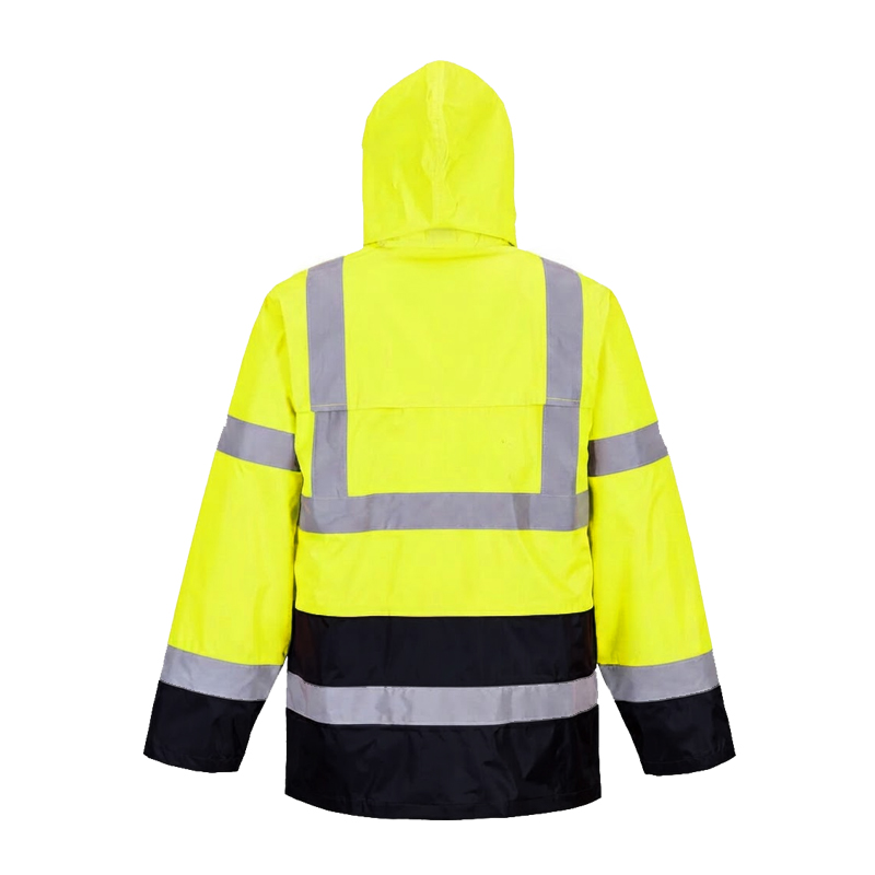 Rückansicht einer PortWest Warnschutzjacke mit Kapuze in leuchtendem Gelb und Marineblau, mit umlaufenden Reflexstreifen für hohe Sichtbarkeit
