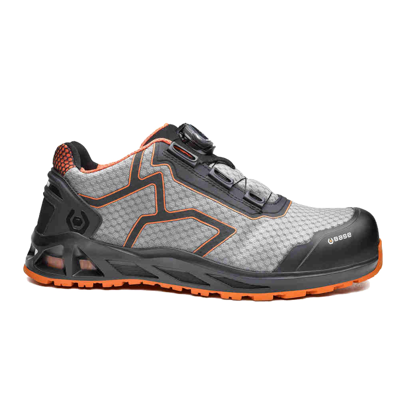 BASE K-Jump S1PS Sicherheitsschuh HRO B1005A von BASE, grauer Arbeitsschuh mit schwarzer Schutzkappe, orangefarbener Sohle und BOA Schnellschürung in Seitenansicht