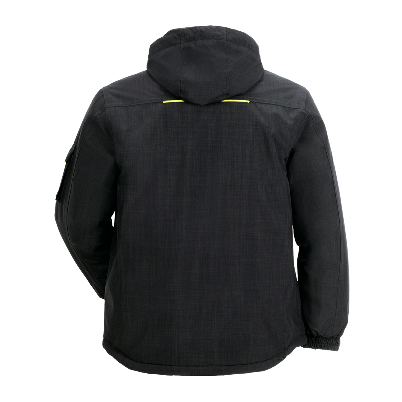 Rückansicht der Planam Neon Jacke Wetterschutz mit Neon Applikationen in Schwarz, Arbeitsjacke mit Kapuze und Neon-Details