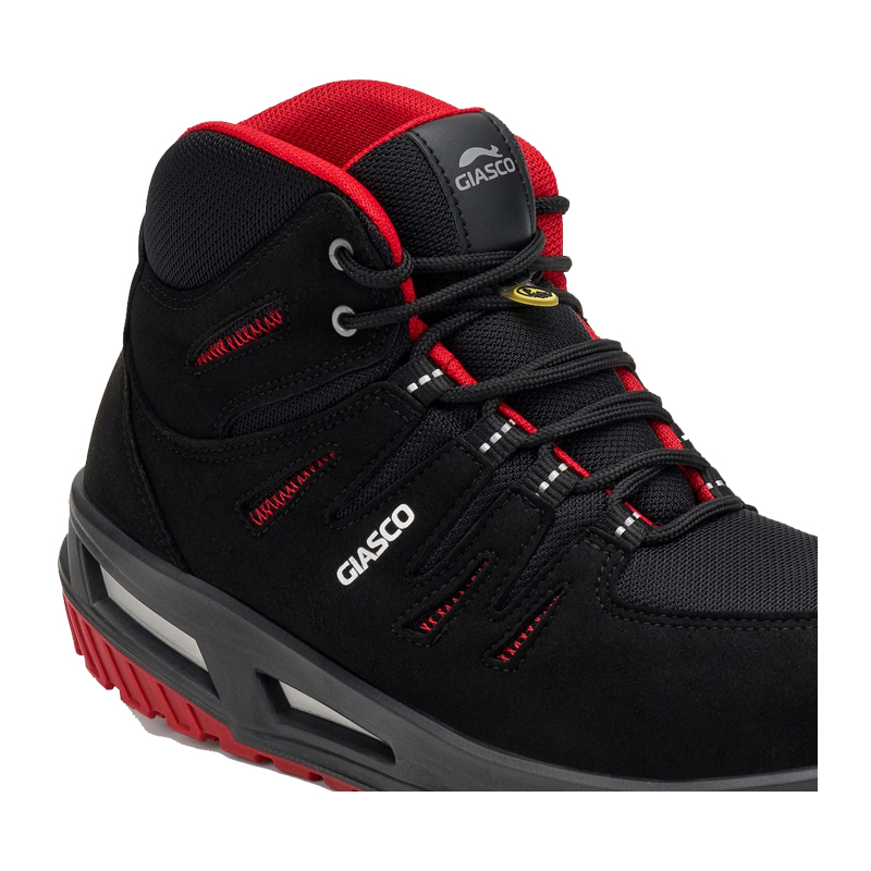 Giasco 3Move ESD Tiger Sicherheitsstiefel ergonomisch S3 in Schwarz-Rot, knöchelhoch, metallfrei mit ESD-Schutz und 3MOVE-PU-Sohle