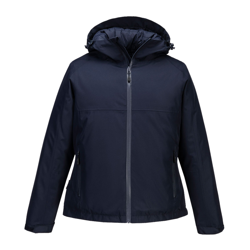 PortWest Herrenjacke in Dunkelblau mit Kapuze, durchgehendem Reißverschluss und Seitentaschen, Frontansicht
