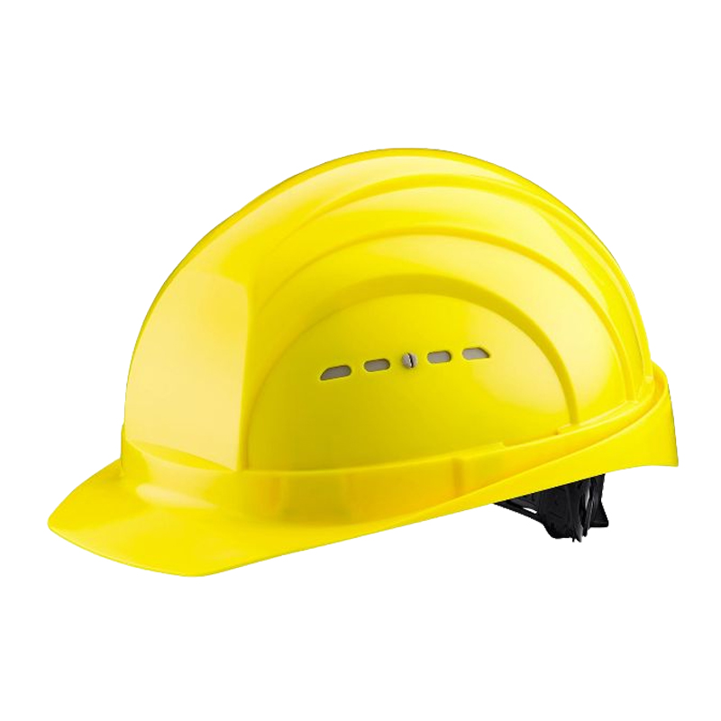 Gelber Schuberth Schutzhelm mit Schirm, Belüftungsschlitzen und Innenverstellung für Arbeit und Baustelle