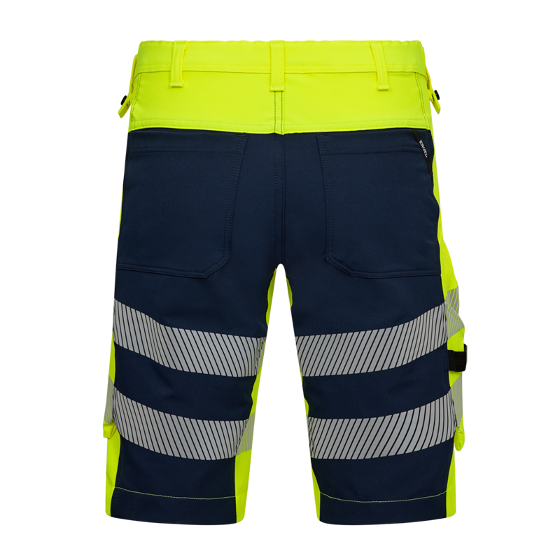 Rückansicht der ENGEL Safety Stretch Warnschutz Sommer Shorts Klasse 1 6345-124 in Gelb/Navy mit reflektierenden Streifen und Gesäßtaschen