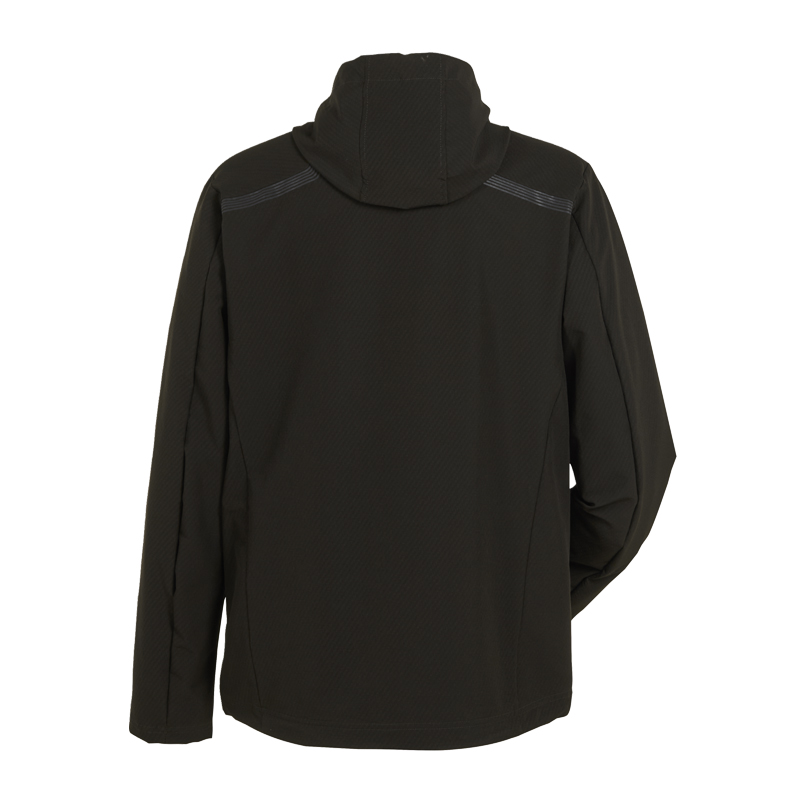 Rückansicht der schwarzen Planam Zirro Jacke aus 4-Wege Stretch mit Kapuze, flexible Arbeitsjacke für hohen Tragekomfort