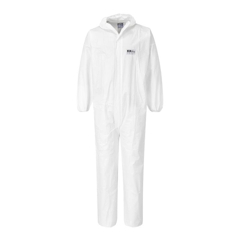 Weißer PortWest ST50 MicroCool Einweg Chemikalienschutz-Overall aus mikroporösem Material, Frontansicht, 10er Pack