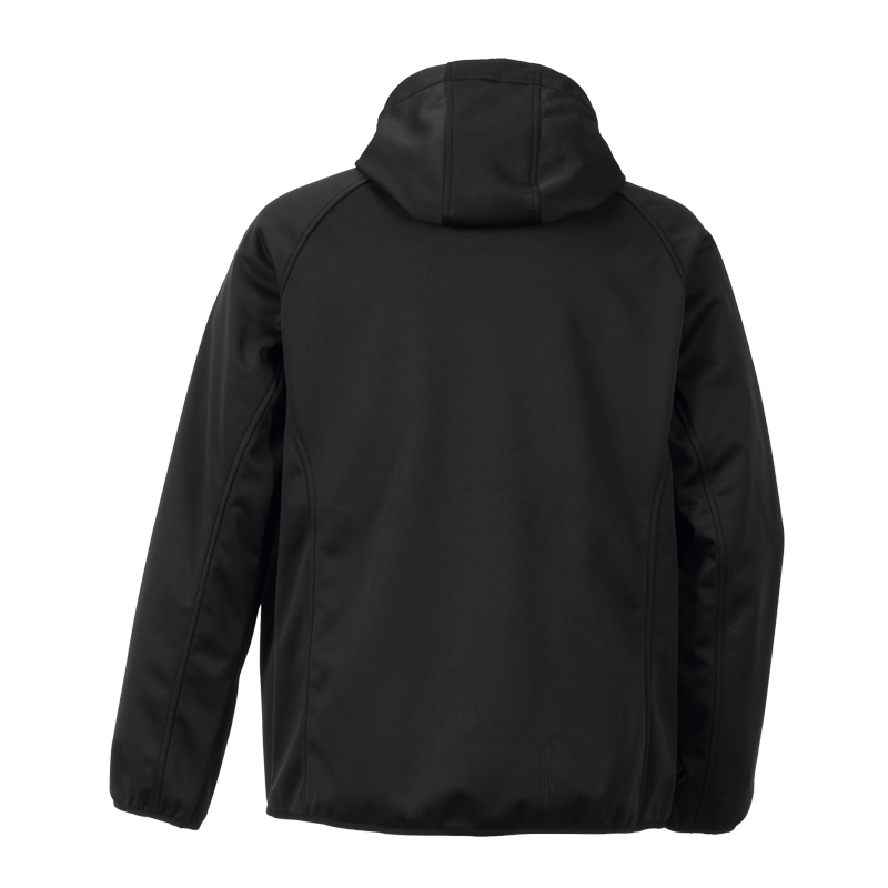 Rückansicht der schwarzen Planam Fog Softshelljacke mit Stretch und Kapuze, funktionale Arbeitsjacke