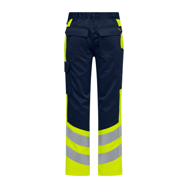 Rückansicht einer Engel Warnschutzhose in Dunkelblau und Neon-Gelb mit breiten Reflexstreifen an den Beinen und praktischen Taschen.