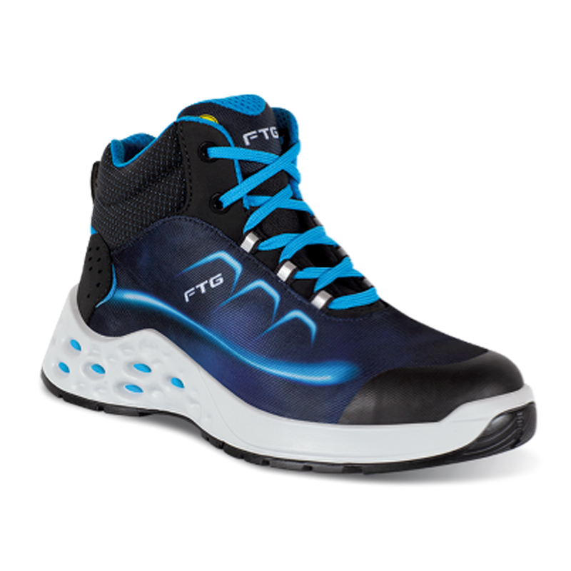 FTG Active S3S ESD Sicherheitsstiefel aus blauem STRETCH-TEX, hoher robuster Arbeitsschuh der Dynamic Line mit gepolstertem Schaft und Schutzkappe