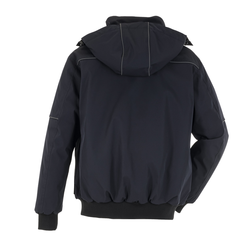 Rückenansicht des Planam Plane Blouson gefüttert mit Kapuze, dunkle Arbeitsjacke mit Bündchen und reflektierenden Details