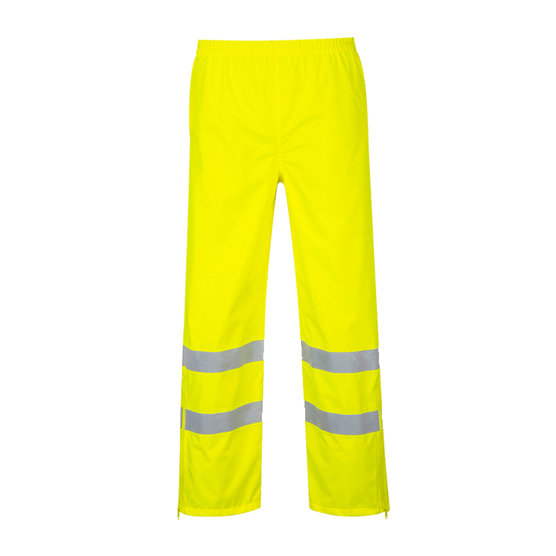 PortWest S487 günstige Warnschutz-Regenhose Klasse 1, gelb, wasserdicht mit Reflexstreifen und elastischem Bund